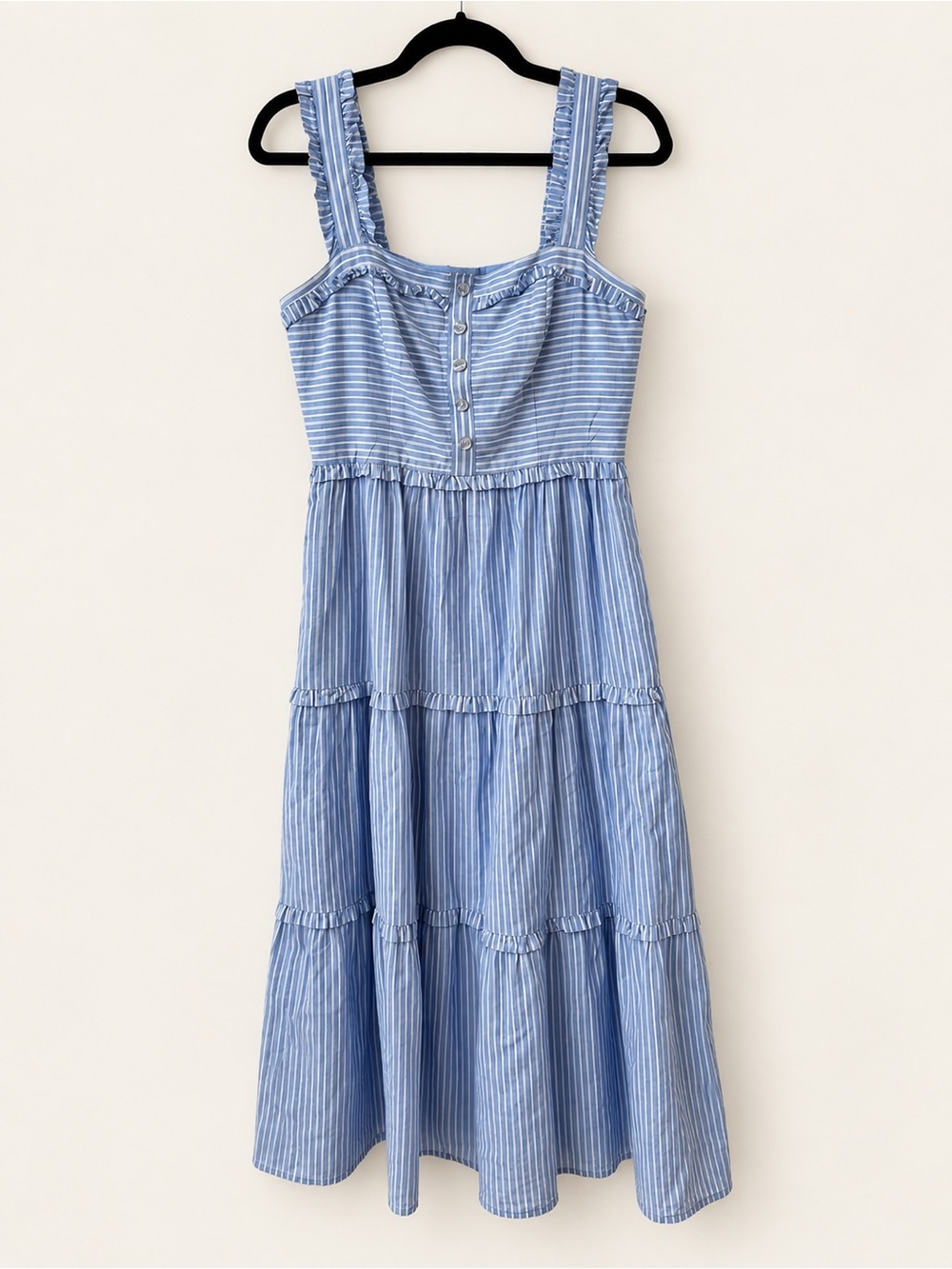 Gal Meets Glam Blue White Striped Ruffle Tiered Dress Size 6
